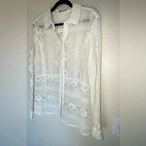 Tommy Hilfiger Ivory Colored Lacey Long Sleeve Button Down Blouse. Fits Like XL - Picture 3 of 9
